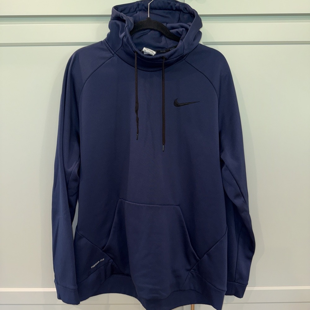 Nike Therma Fit Men's Hoodie Pullover Navy XXL Kangaroo Pocket Black Accents